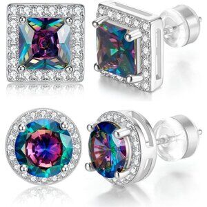 Women Sterling Silver Post Gold Plated Round Princess Cut 2 Pairs